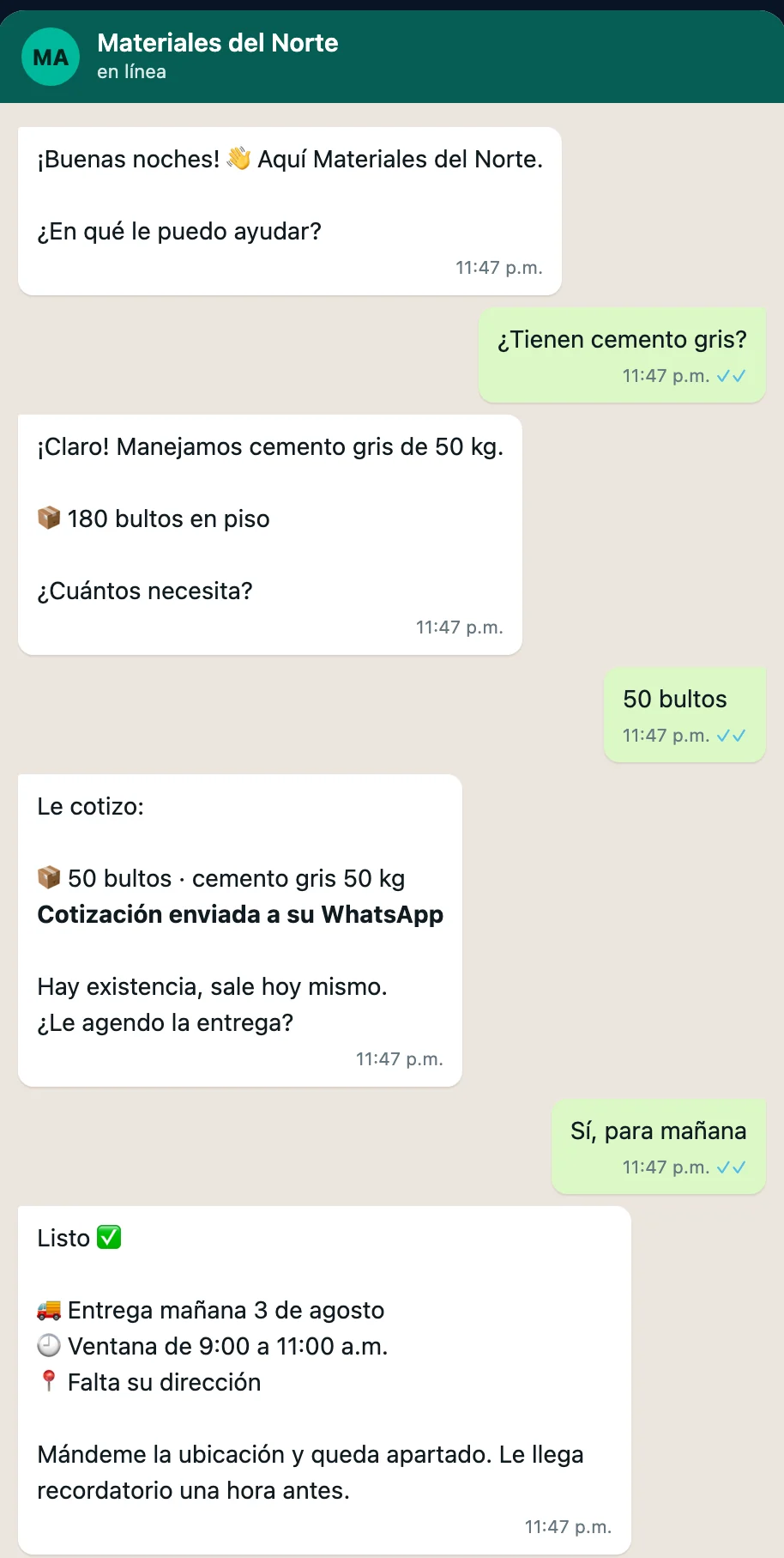 Conversación de WhatsApp: un cliente pregunta por cemento gris a las 11:47 p.m.; el asistente le dice que hay 180 bultos en piso, le cotiza 50 bultos, le confirma existencia y le agenda la entrega para la mañana siguiente.